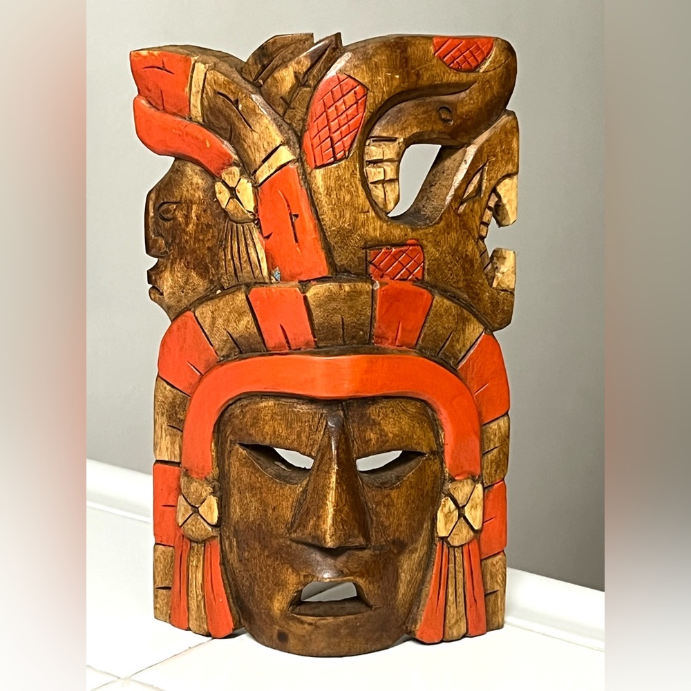 Handcrafted Wooden Brown Mask with Orange Accents Warrior Design Mexico 7.8 in